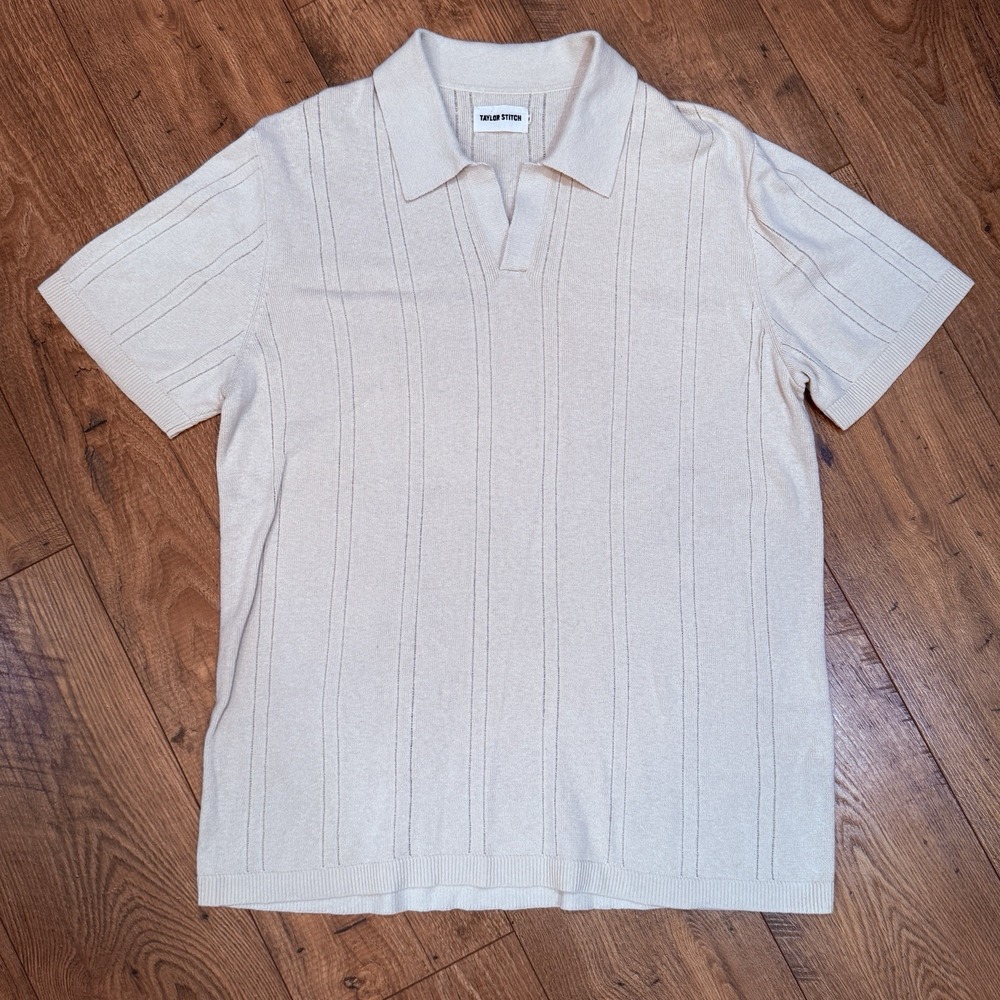 Taylor Stitch Men 42 The Valencia Sweater Polo Heather Cream Rib Linen Cotton